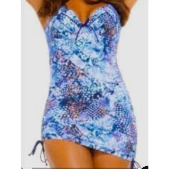 Spanx Swim Suit Plus Shaped Blue Snake One Piece Underwire Sz 14 D/DD NWT $198 - Picture 1 of 12